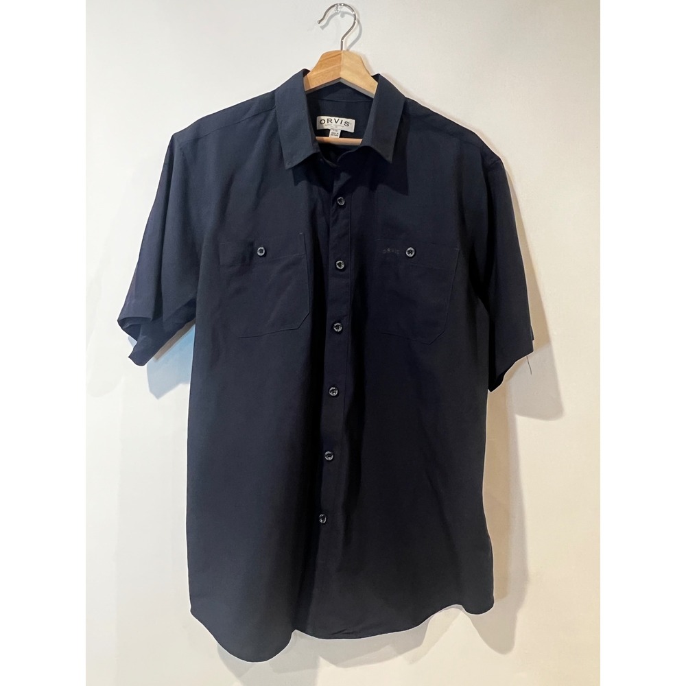 Orvis Men's Button Down Shirt Navy Blue Short Sleeve  Pocket Classic Outdoor L